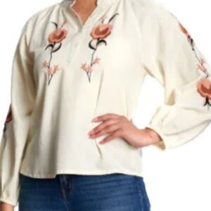 Cotton& Rye Outfitters Embroidered Floral Peasant Blouse Medium Linen Blend